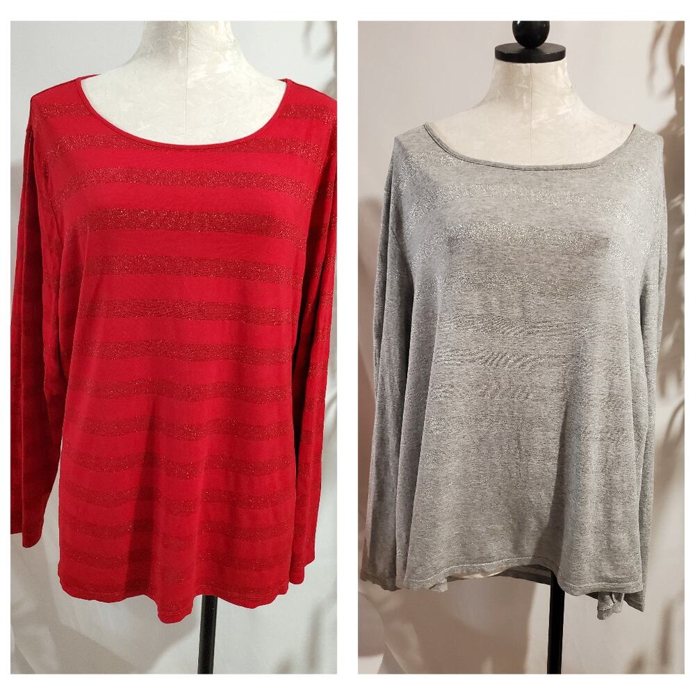 Talbots Lot of 2 Sparkle Stripe Scoop Neck Long Sleeve Tops Size 2X Red Silver
